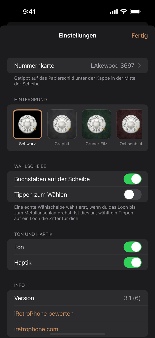 Die Einstellungen: Text der Nummernkarte, eine Reihe Hintergründe, Buchstaben auf der Scheibe, Tippen zum Wählen, Ton und Haptik