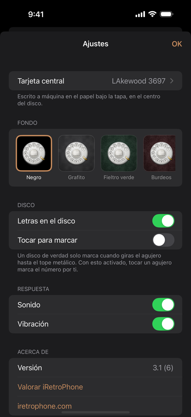 La pantalla de Ajustes: el texto de la tarjeta, una fila de fondos, las letras, tocar para marcar, el sonido y la vibración