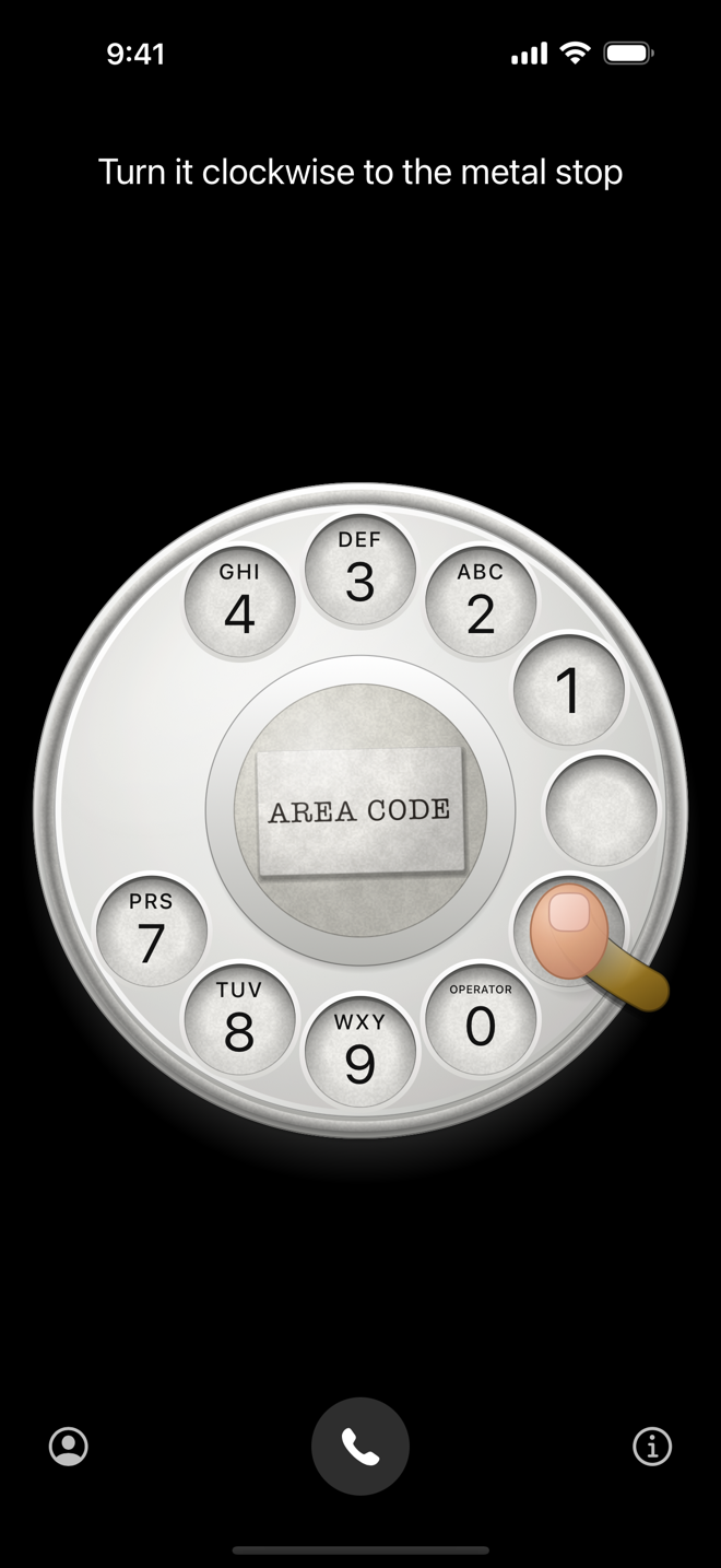 The how-to-dial lesson: a fingertip in the 5 has turned the dial round to the metal stop, and the caption says to turn it clockwise to the stop