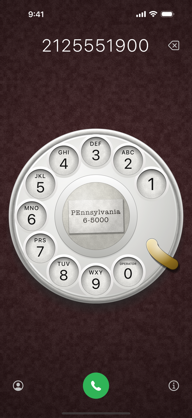 The dial on oxblood, the card reading PEnnsylvania 6-5000
